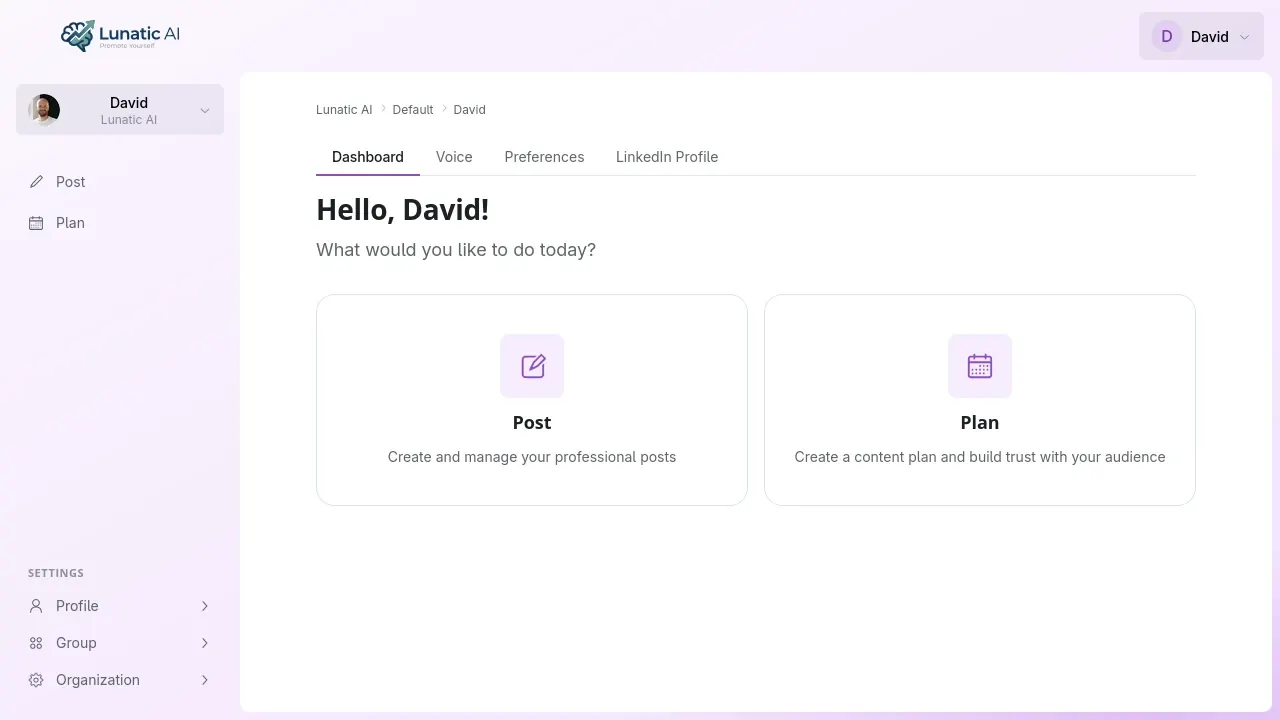 Lunatic AI dashboard showing voice profile and content generation